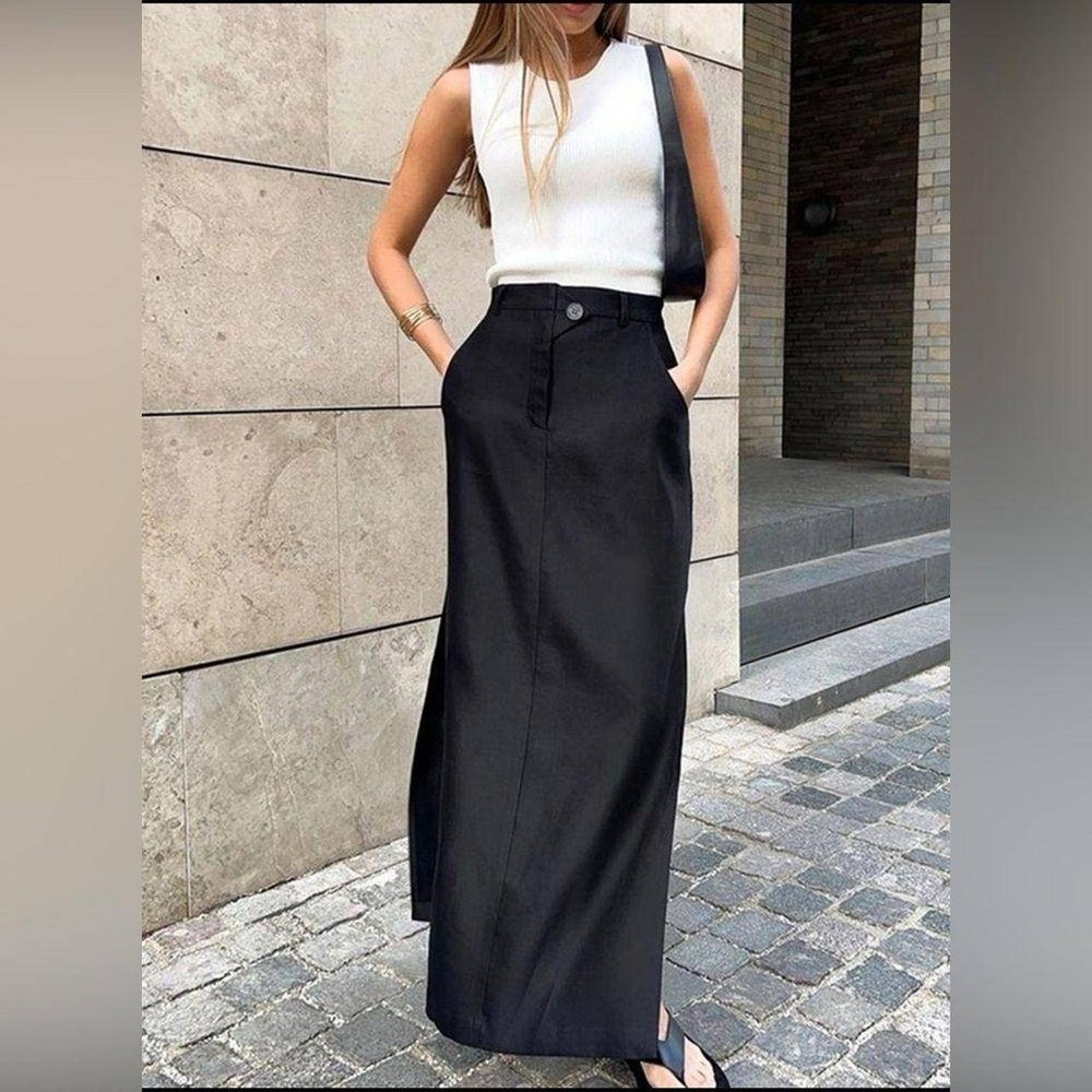COMMENSE Black High Waist Button Front A-Line Maxi Skirt US 4 S NWT